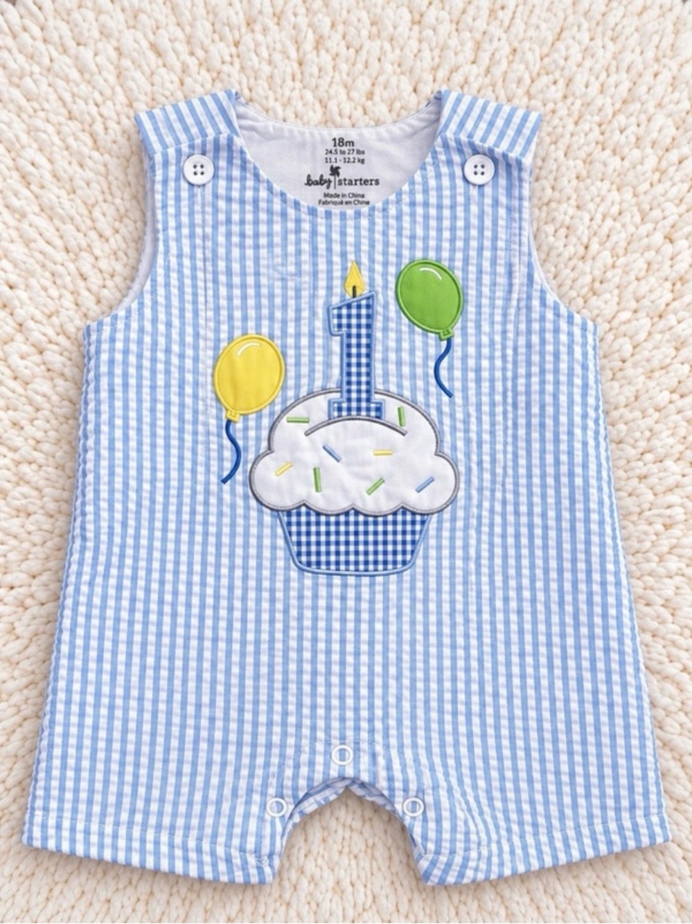 Baby Starters Blue and White Striped Cupcake Applique One-Piece